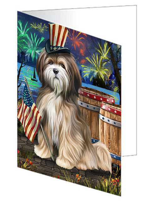 4th of July Independence Day Fireworks Tibetan Terrier Dog at the Lake Handmade Artwork Assorted Pets Greeting Cards and Note Cards with Envelopes for All Occasions and Holiday Seasons GCD57728
