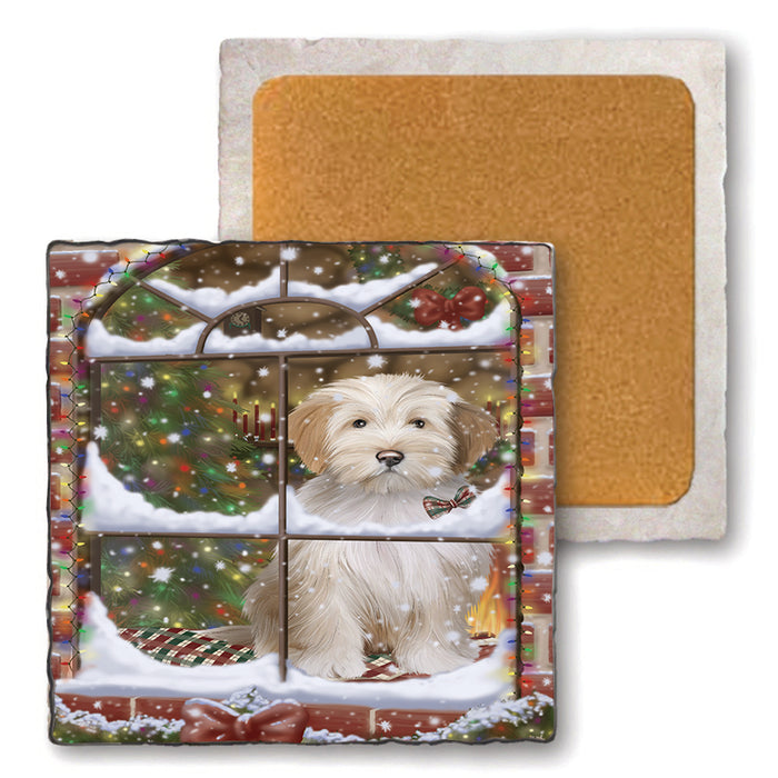 Please Come Home For Christmas Tibetan Terrier Dog Sitting In Window Set of 4 Natural Stone Marble Tile Coasters MCST48950