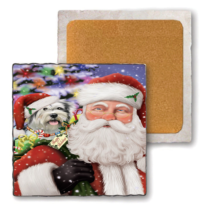 Santa Carrying Tibetan Terrier Dog and Christmas Presents Set of 4 Natural Stone Marble Tile Coasters MCST49024