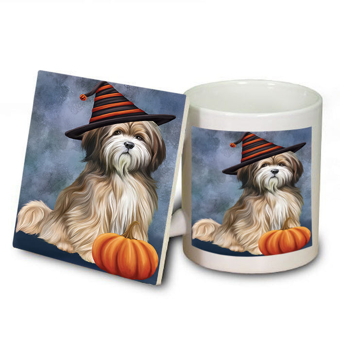 Happy Halloween Tibetan Terrier Dog Wearing Witch Hat with Pumpkin Mug and Coaster Set MUC54738