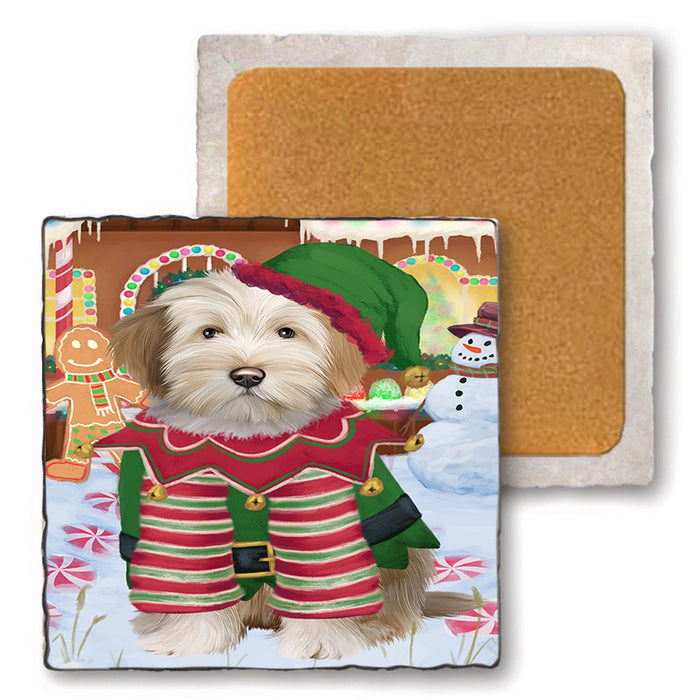 Christmas Gingerbread House Candyfest Tibetan Terrier Dog Set of 4 Natural Stone Marble Tile Coasters MCST51572