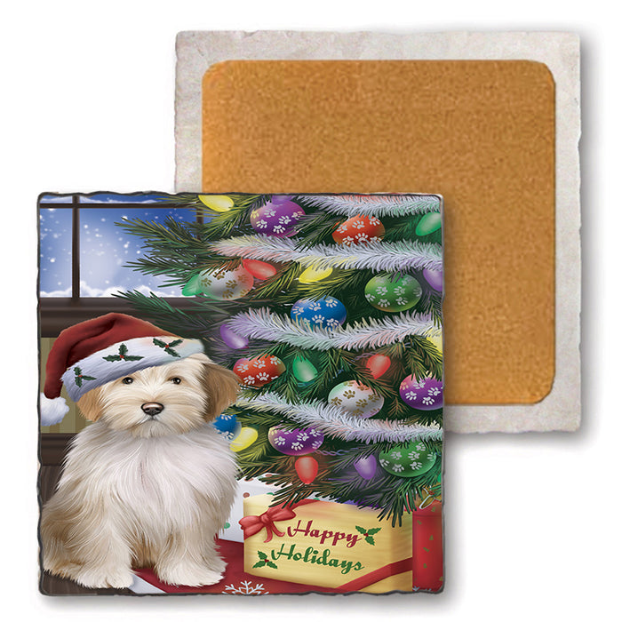 Christmas Happy Holidays Tibetan Terrier Dog with Tree and Presents Set of 4 Natural Stone Marble Tile Coasters MCST48865