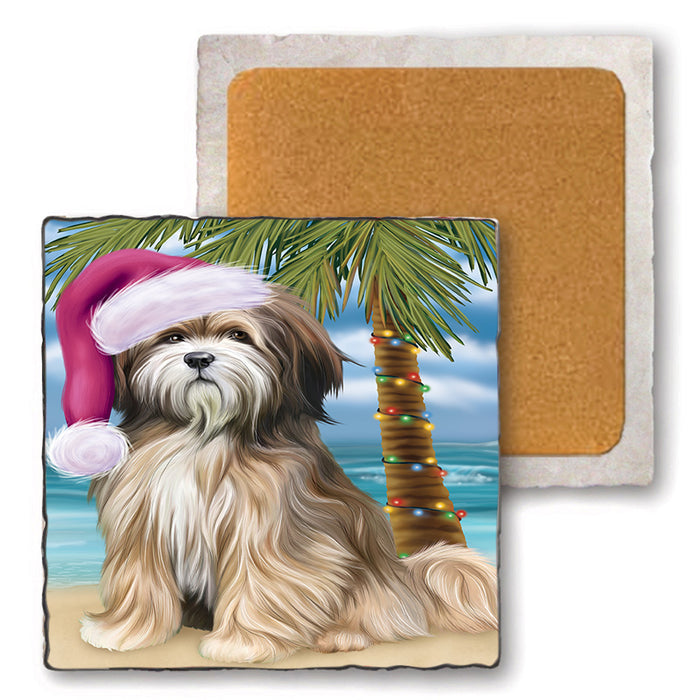 Summertime Happy Holidays Christmas Tibetan Terrier Dog on Tropical Island Beach Set of 4 Natural Stone Marble Tile Coasters MCST49458