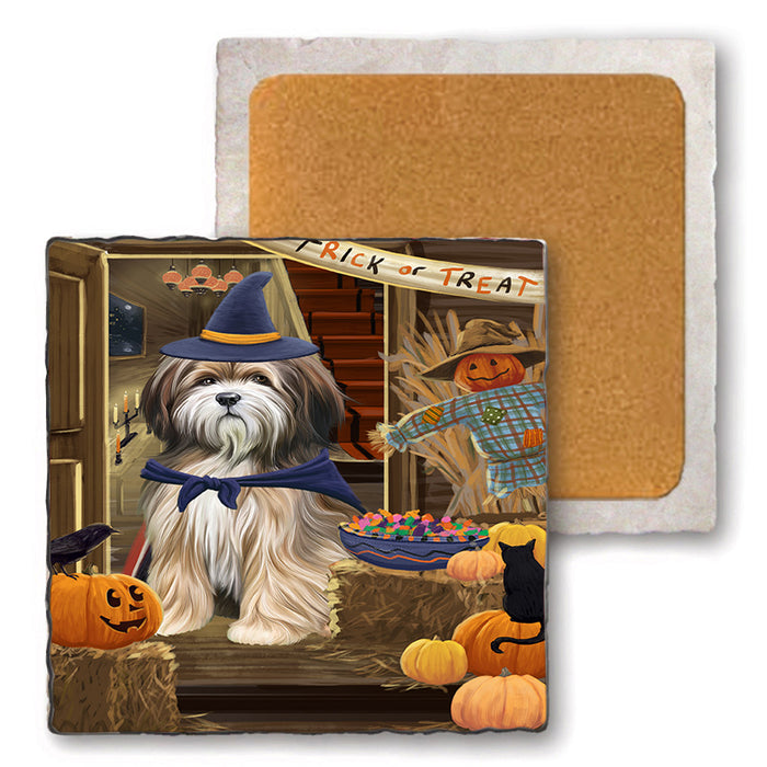 Enter at Own Risk Trick or Treat Halloween Tibetan Terrier Dog Set of 4 Natural Stone Marble Tile Coasters MCST48309