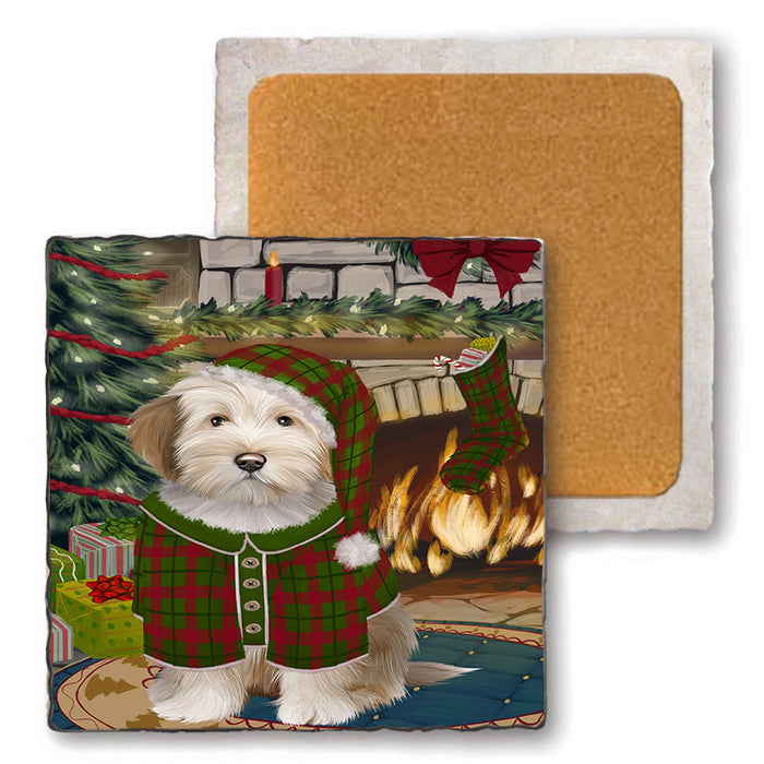 The Stocking was Hung Tibetan Terrier Dog Set of 4 Natural Stone Marble Tile Coasters MCST50634