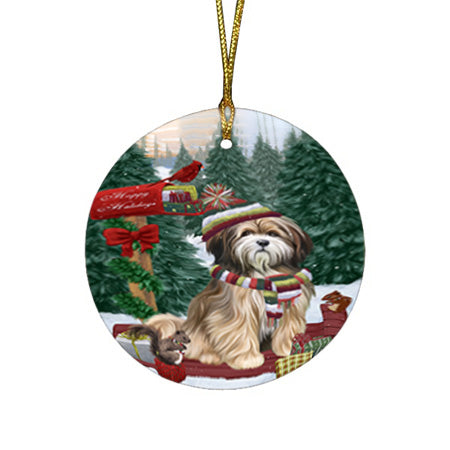 Merry Christmas Woodland Sled Tibetan Terrier Dog Round Flat Christmas Ornament RFPOR55409
