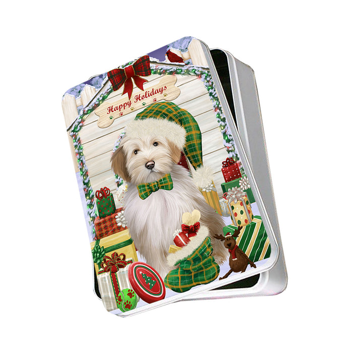 Happy Holidays Christmas Tibetan Terrier Dog House With Presents Photo Storage Tin PITN51516