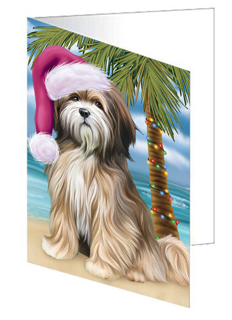 Summertime Happy Holidays Christmas Tibetan Terrier Dog on Tropical Island Beach Handmade Artwork Assorted Pets Greeting Cards and Note Cards with Envelopes for All Occasions and Holiday Seasons GCD67787
