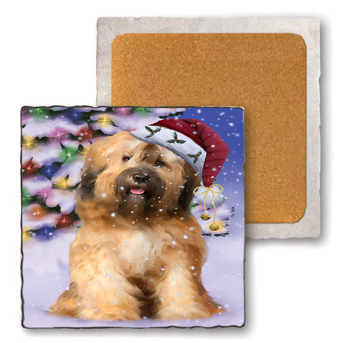 Winterland Wonderland Tibetan Terrier Dog In Christmas Holiday Scenic Background Set of 4 Natural Stone Marble Tile Coasters MCST50740