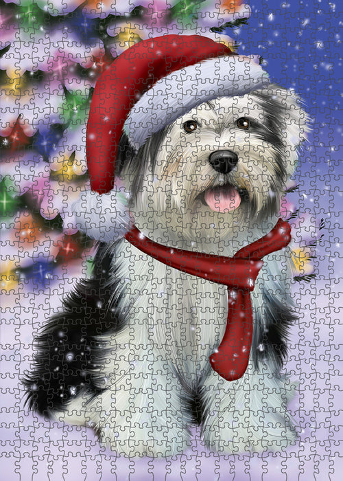 Winterland Wonderland Tibetan Terrier Dog In Christmas Holiday Scenic Background Puzzle with Photo Tin PUZL80860
