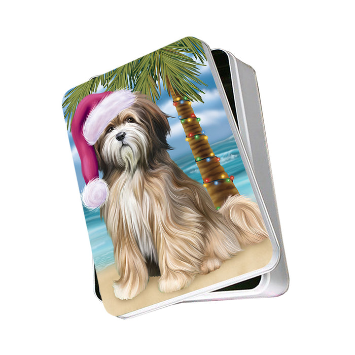 Summertime Happy Holidays Christmas Tibetan Terrier Dog on Tropical Island Beach Photo Storage Tin PITN54401