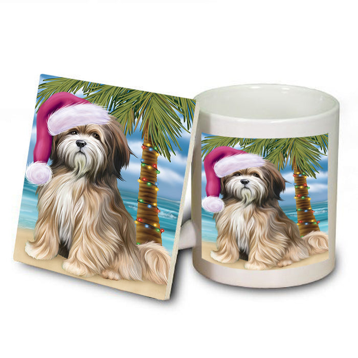 Summertime Happy Holidays Christmas Tibetan Terrier Dog on Tropical Island Beach Mug and Coaster Set MUC54450