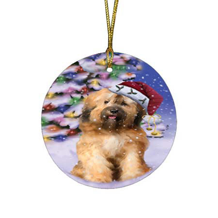 Winterland Wonderland Tibetan Terrier Dog In Christmas Holiday Scenic Background Round Flat Christmas Ornament RFPOR56096