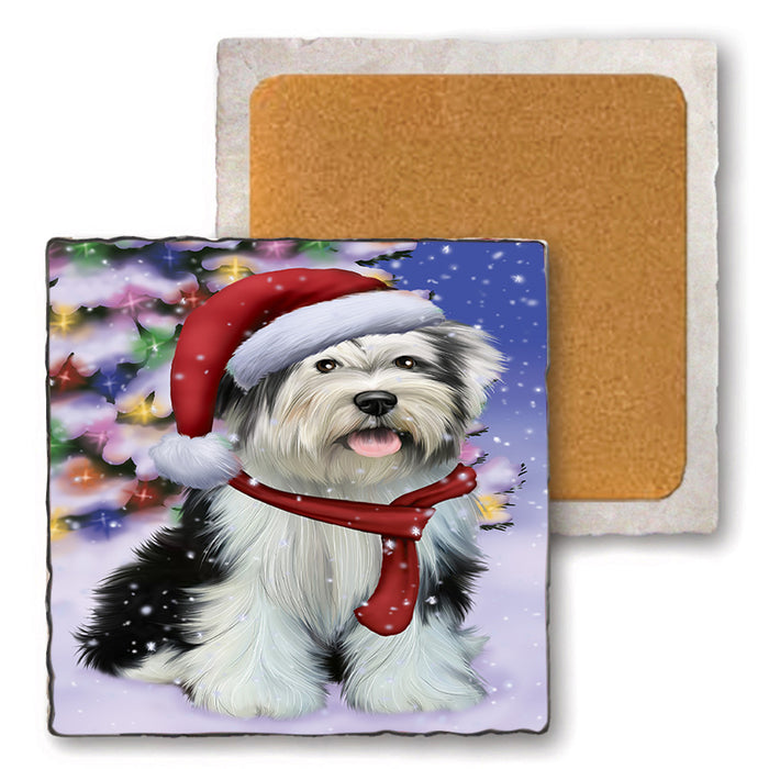 Winterland Wonderland Tibetan Terrier Dog In Christmas Holiday Scenic Background  Set of 4 Natural Stone Marble Tile Coasters MCST48426