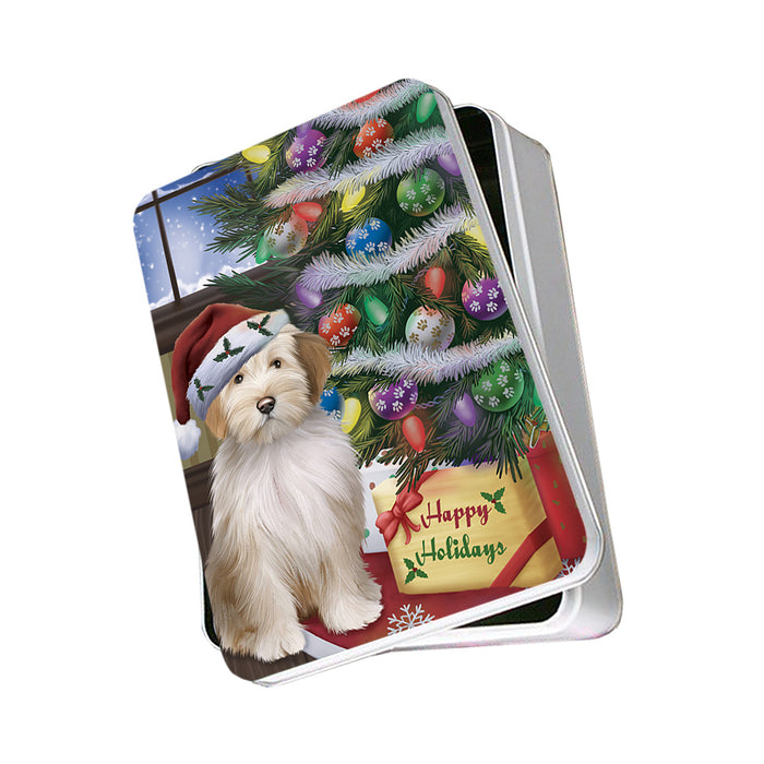Christmas Happy Holidays Tibetan Terrier Dog with Tree and Presents Photo Storage Tin PITN53808