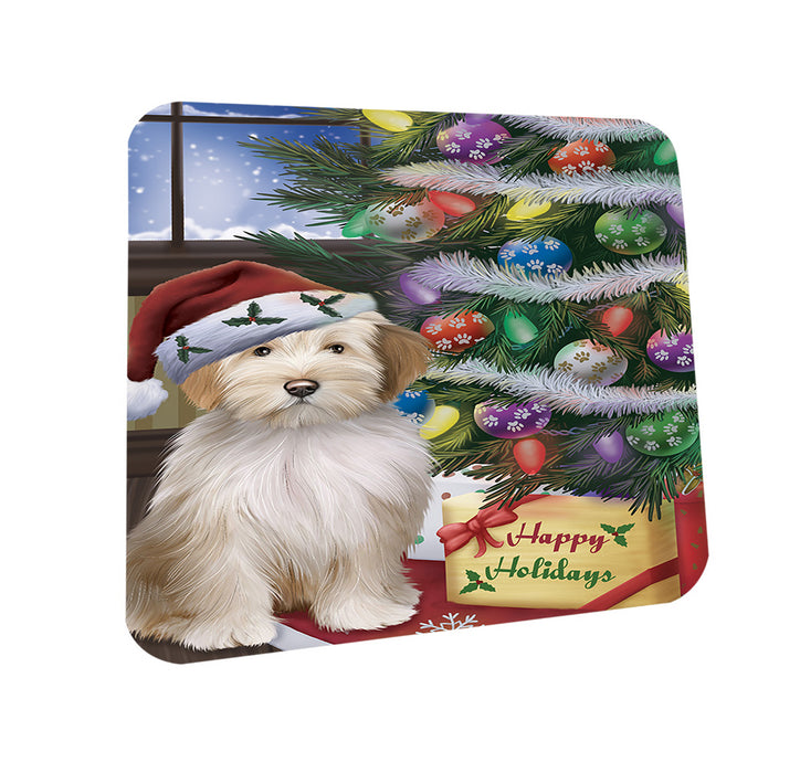 Christmas Happy Holidays Tibetan Terrier Dog with Tree and Presents Coasters Set of 4 CST53823