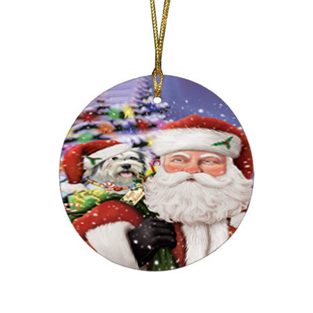 Santa Carrying Tibetan Terrier Dog and Christmas Presents Round Flat Christmas Ornament RFPOR54015