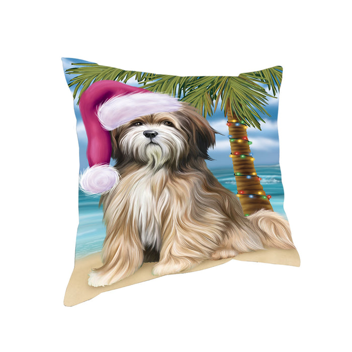 Summertime Happy Holidays Christmas Tibetan Terrier Dog on Tropical Island Beach Pillow PIL74968