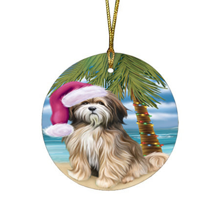 Summertime Happy Holidays Christmas Tibetan Terrier Dog on Tropical Island Beach Round Flat Christmas Ornament RFPOR54577