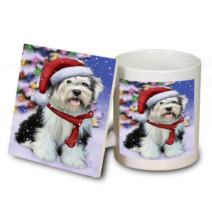 Winterland Wonderland Tibetan Terrier Dog In Christmas Holiday Scenic Background  Mug and Coaster Set MUC53418