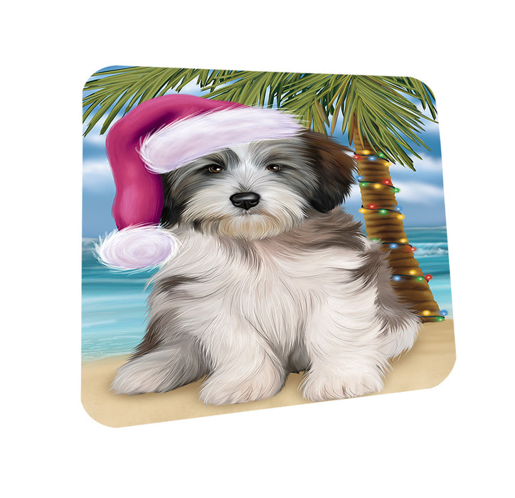 Summertime Happy Holidays Christmas Tibetan Terrier Dog on Tropical Island Beach Coasters Set of 4 CST54417