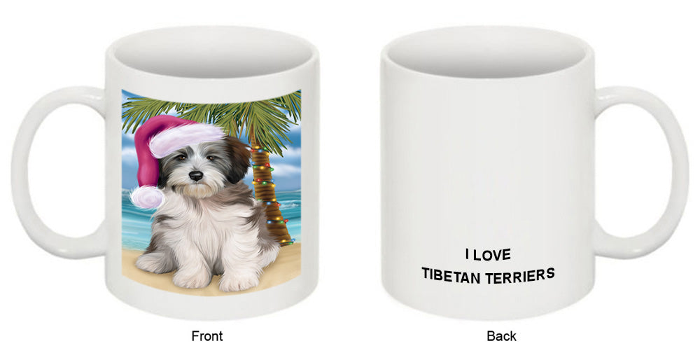 Summertime Happy Holidays Christmas Tibetan Terrier Dog on Tropical Island Beach Coffee Mug MUG49857