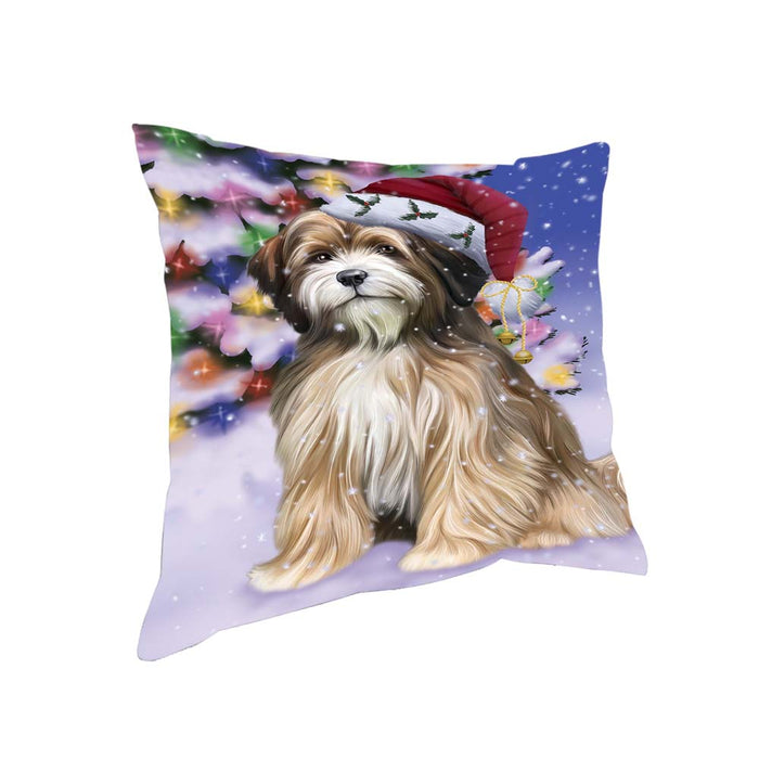 Winterland Wonderland Tibetan Terrier Dog In Christmas Holiday Scenic Background Pillow PIL71892