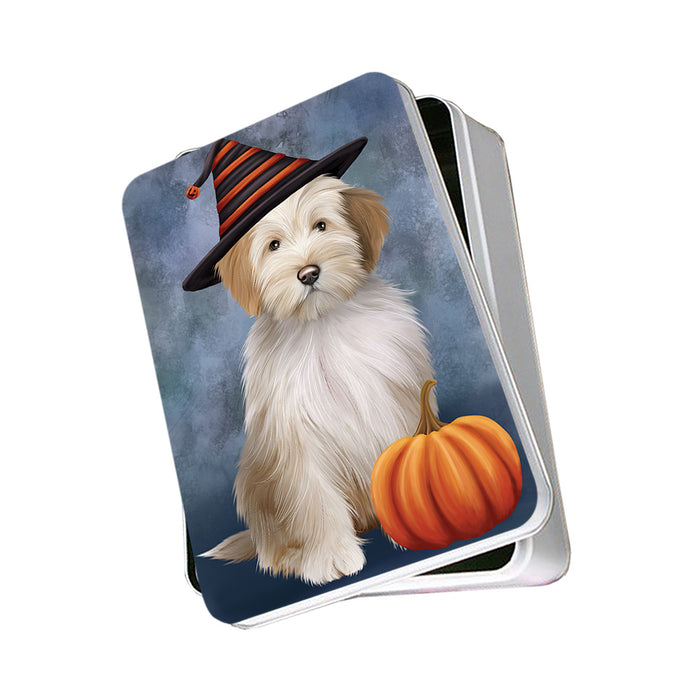 Happy Halloween Tibetan Terrier Dog Wearing Witch Hat with Pumpkin Photo Storage Tin PITN54690