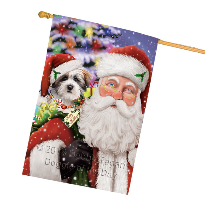 Santa Carrying Tibetan Terrier Dog and Christmas Presents House Flag FLG54223