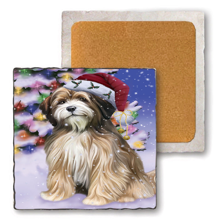 Winterland Wonderland Tibetan Terrier Dog In Christmas Holiday Scenic Background Set of 4 Natural Stone Marble Tile Coasters MCST50741