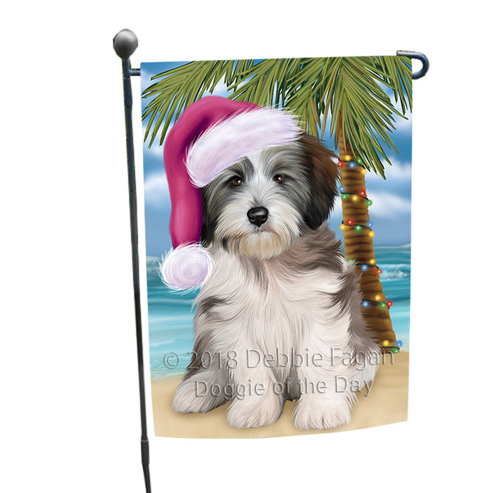 Summertime Happy Holidays Christmas Tibetan Terrier Dog on Tropical Island Beach Garden Flag GFLG54649