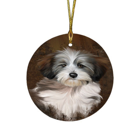 Rustic Tibetan Terrier Dog Round Flat Christmas Ornament RFPOR54481