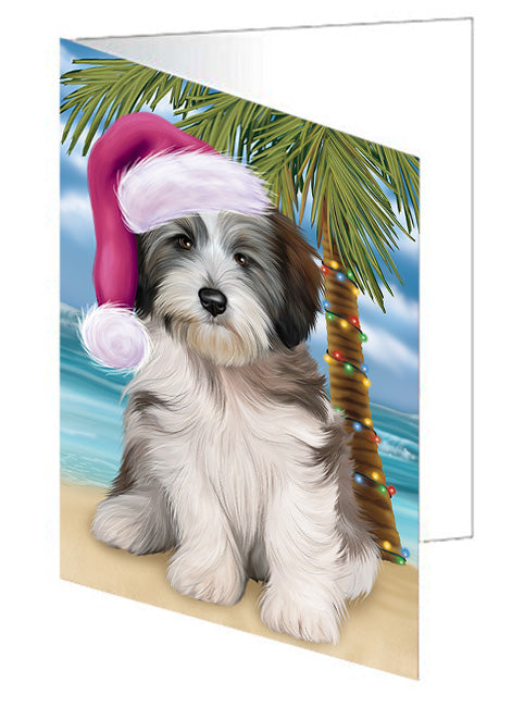 Summertime Happy Holidays Christmas Tibetan Terrier Dog on Tropical Island Beach Handmade Artwork Assorted Pets Greeting Cards and Note Cards with Envelopes for All Occasions and Holiday Seasons GCD67790