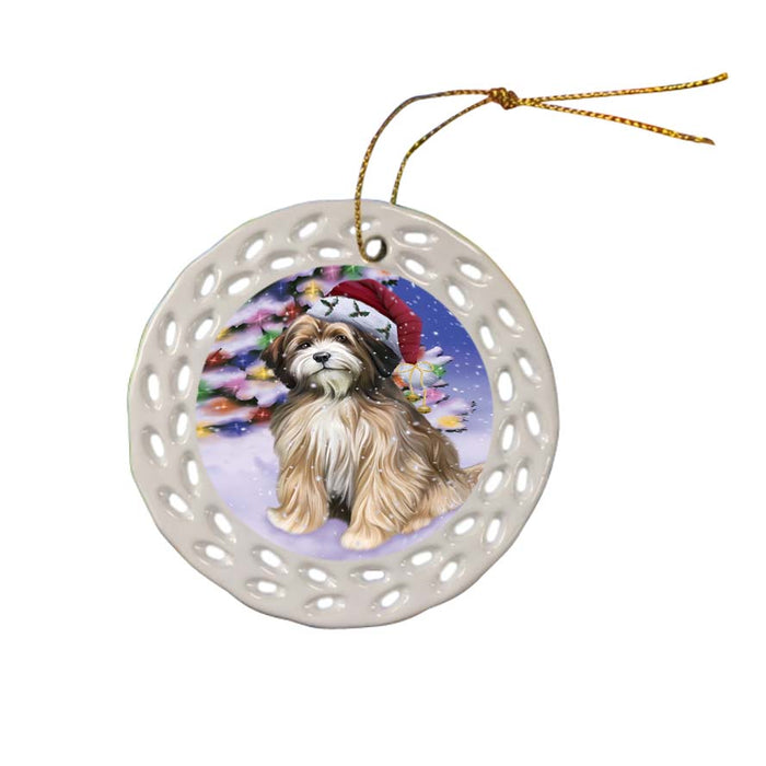 Winterland Wonderland Tibetan Terrier Dog In Christmas Holiday Scenic Background Ceramic Doily Ornament DPOR56097