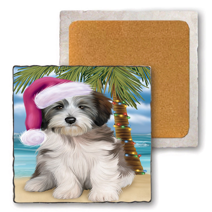Summertime Happy Holidays Christmas Tibetan Terrier Dog on Tropical Island Beach Set of 4 Natural Stone Marble Tile Coasters MCST49459