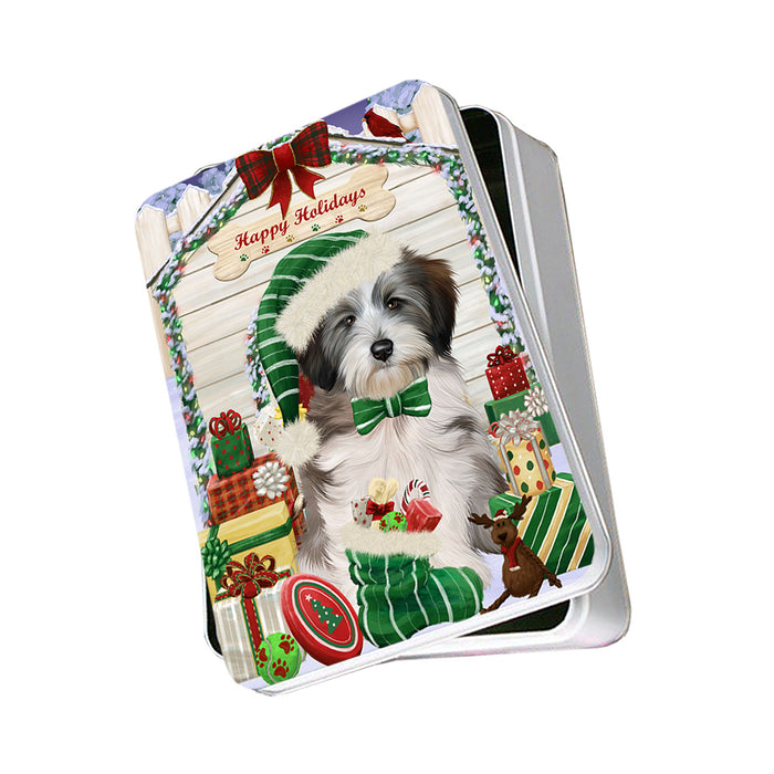 Happy Holidays Christmas Tibetan Terrier Dog House With Presents Photo Storage Tin PITN51517