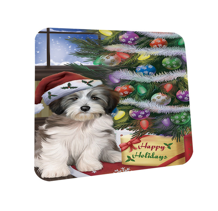 Christmas Happy Holidays Tibetan Terrier Dog with Tree and Presents Coasters Set of 4 CST53824