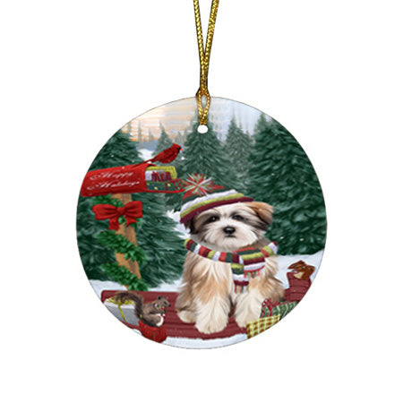 Merry Christmas Woodland Sled Tibetan Terrier Dog Round Flat Christmas Ornament RFPOR55410