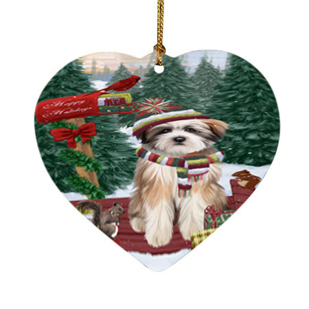 Merry Christmas Woodland Sled Tibetan Terrier Dog Heart Christmas Ornament HPOR55410