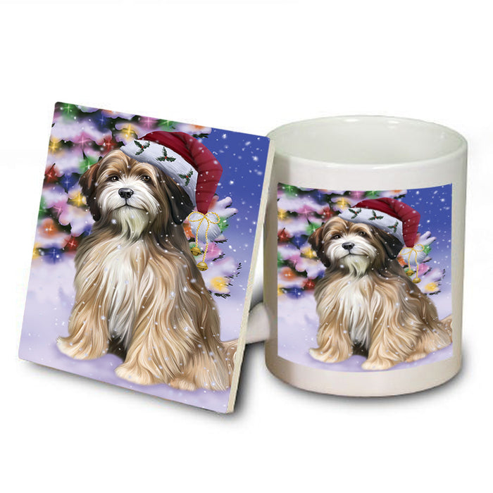 Winterland Wonderland Tibetan Terrier Dog In Christmas Holiday Scenic Background Mug and Coaster Set MUC55733
