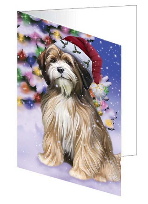 Winterland Wonderland Tibetan Terrier Dog In Christmas Holiday Scenic Background Handmade Artwork Assorted Pets Greeting Cards and Note Cards with Envelopes for All Occasions and Holiday Seasons GCD71738
