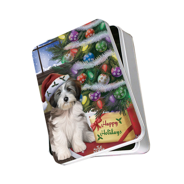 Christmas Happy Holidays Tibetan Terrier Dog with Tree and Presents Photo Storage Tin PITN53809