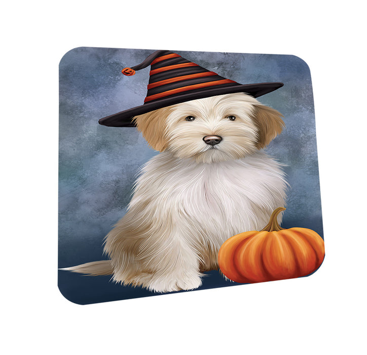 Happy Halloween Tibetan Terrier Dog Wearing Witch Hat with Pumpkin Coasters Set of 4 CST54705