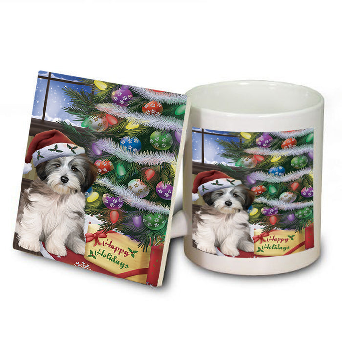 Christmas Happy Holidays Tibetan Terrier Dog with Tree and Presents Mug and Coaster Set MUC53858
