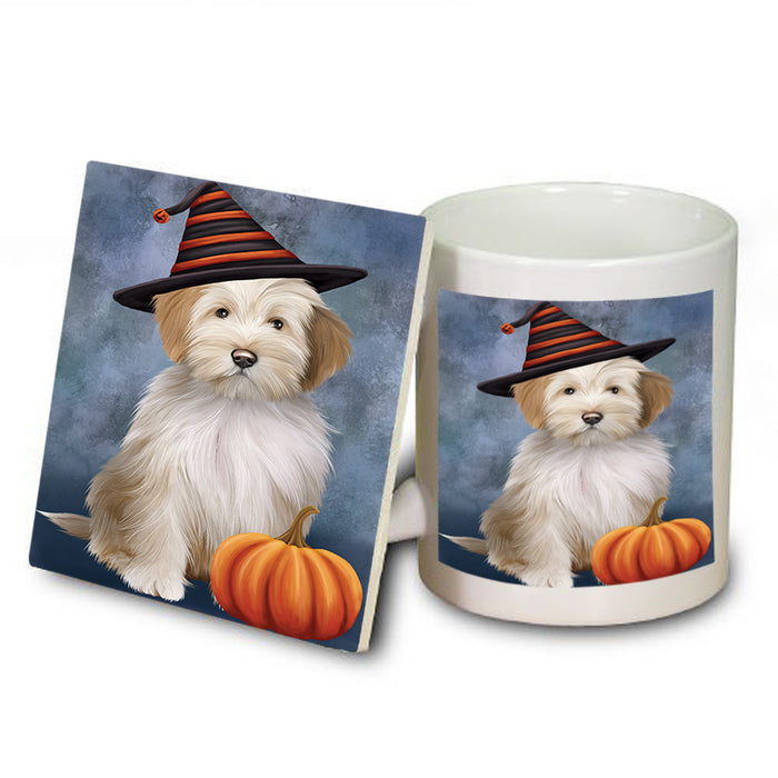 Happy Halloween Tibetan Terrier Dog Wearing Witch Hat with Pumpkin Mug and Coaster Set MUC54739