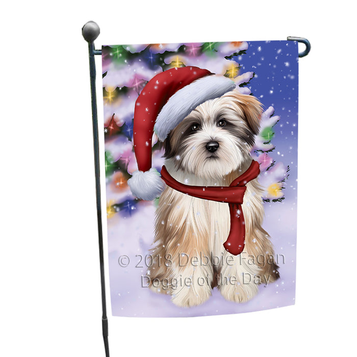 Winterland Wonderland Tibetan Terrier Dog In Christmas Holiday Scenic Background  Garden Flag GFLG53489