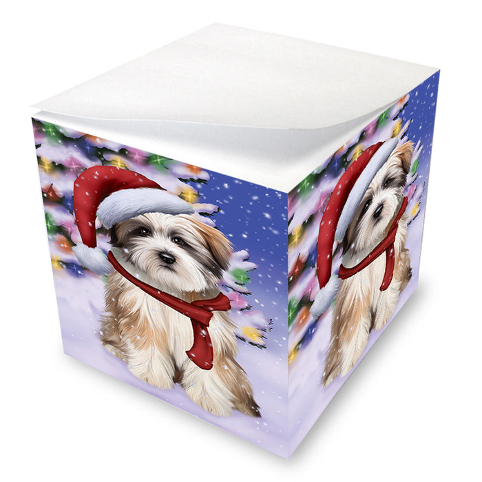 Winterland Wonderland Tibetan Terrier Dog In Christmas Holiday Scenic Background Note Cube NOC53427