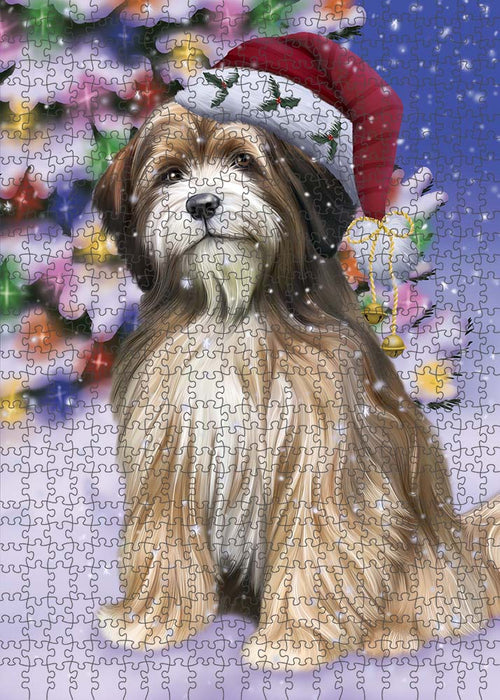Winterland Wonderland Tibetan Terrier Dog In Christmas Holiday Scenic Background Puzzle with Photo Tin PUZL91168