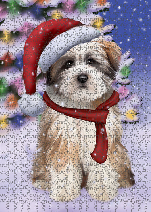 Winterland Wonderland Tibetan Terrier Dog In Christmas Holiday Scenic Background Puzzle with Photo Tin PUZL80864