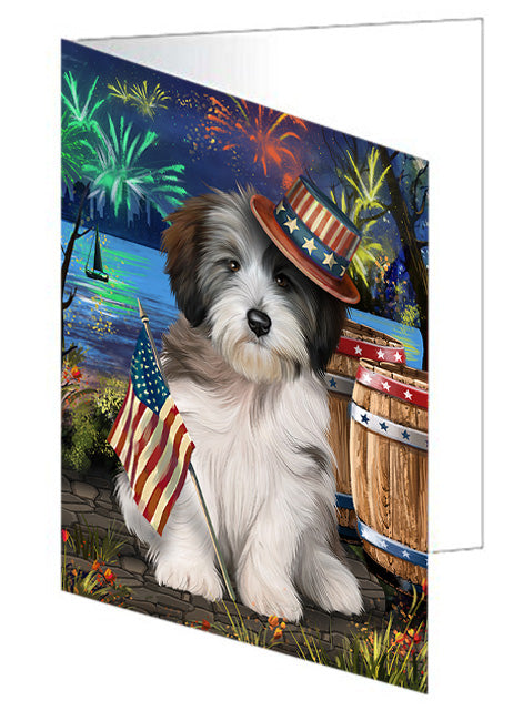 4th of July Independence Day Fireworks Tibetan Terrier Dog at the Lake Handmade Artwork Assorted Pets Greeting Cards and Note Cards with Envelopes for All Occasions and Holiday Seasons GCD57731